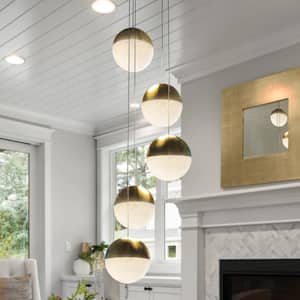 Ravello 10.25 in. 5-Light ETL Certified Integrated LED Chandelier Height Adjustable Pendant with Globe Shades, Brass