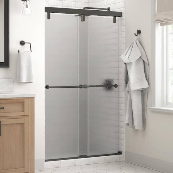 Delta Crestfield Mod 43-3/8 to 47-3/8 in. W x 71-1/2 in. H Soft-Close Frameless Sliding Shower Door, Bronze, Rain Glass