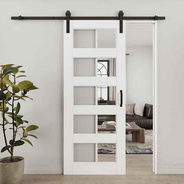 32 in. x 80 in. 5-Lite Tempered Clear Glass White Primed Solid Core MDF Sliding Barn Door with Hardware Kit
