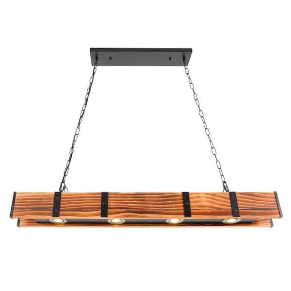 OUKANING 4-Light 39 in. Brown Industrial Loft Style Rust Wood and Metal Island Pendant Light for Kitchen Dinging Room Bedroom