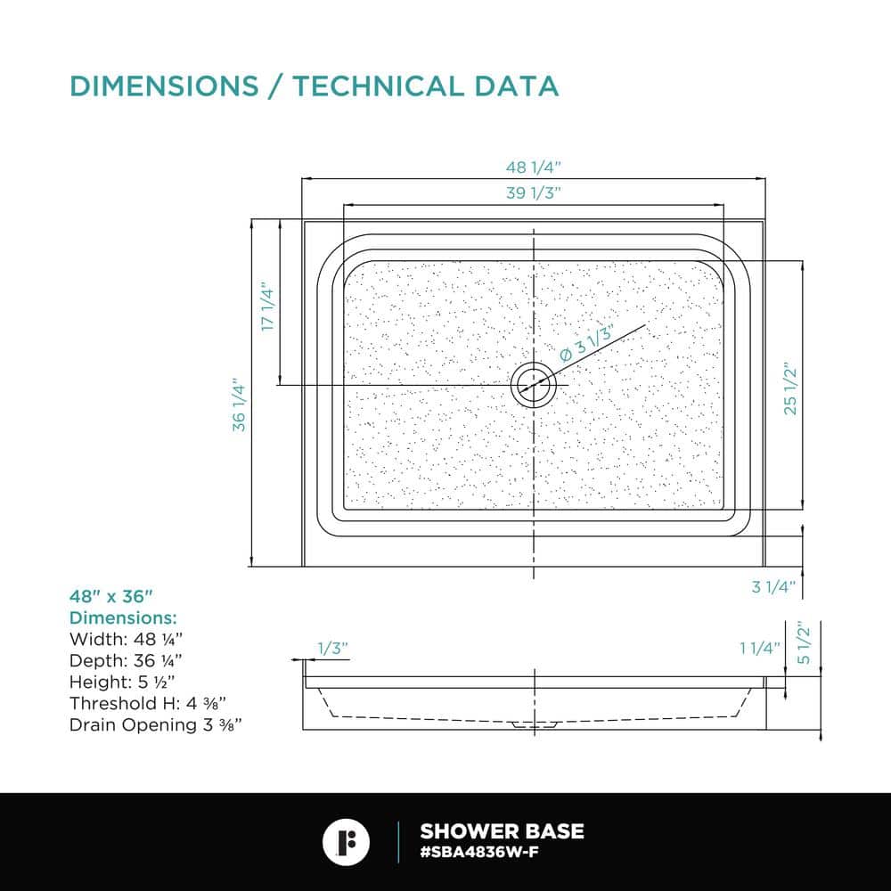 48'' x 36'' White Rectangular Shower Base with Single Threshold