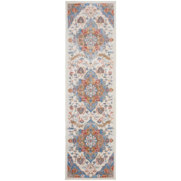 Nourison Elation Ivory Blue 2 ft. x 8 ft. Center Medallion Traditional Kitchen Runner Area Rug
