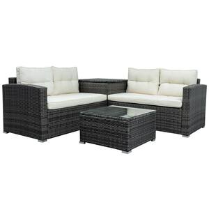 4-Piece Wicker Patio Conversation Set with Large Storage Box with Beige Cushions
