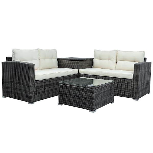 Unbranded Outdoor 4-Piece Wicker Patio Conversation Set with Beige Cushions