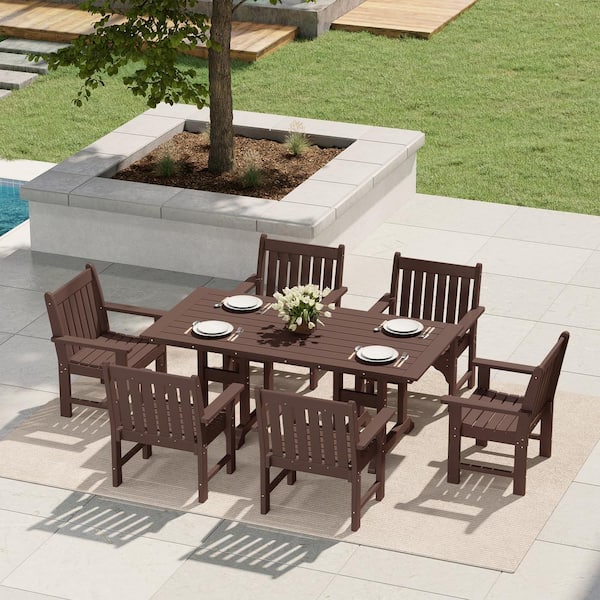 Laguna 7-Piece Poly Plastic Outdoor Patio Rectangle Trestle Table Dining Set w/ Garden Armchairs in Dark Brown