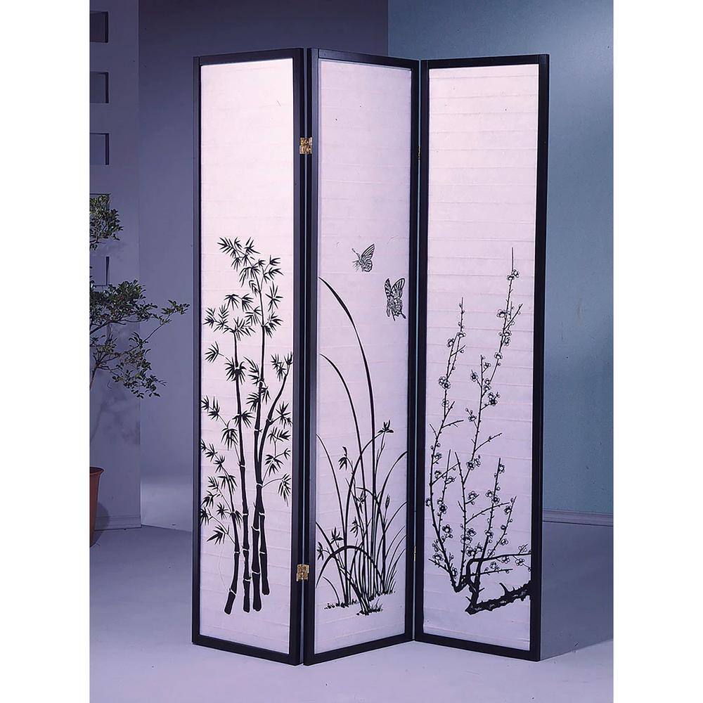 Worldwide 51 in. Wide Black 3Panel Floral Design Room Divider