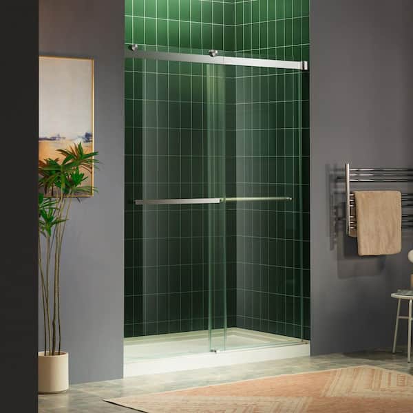 60 in. W x 80 in. H Double Sliding Frameless Shower Door in Brushed Nickel Finish with 5/16 in. Clear Glass