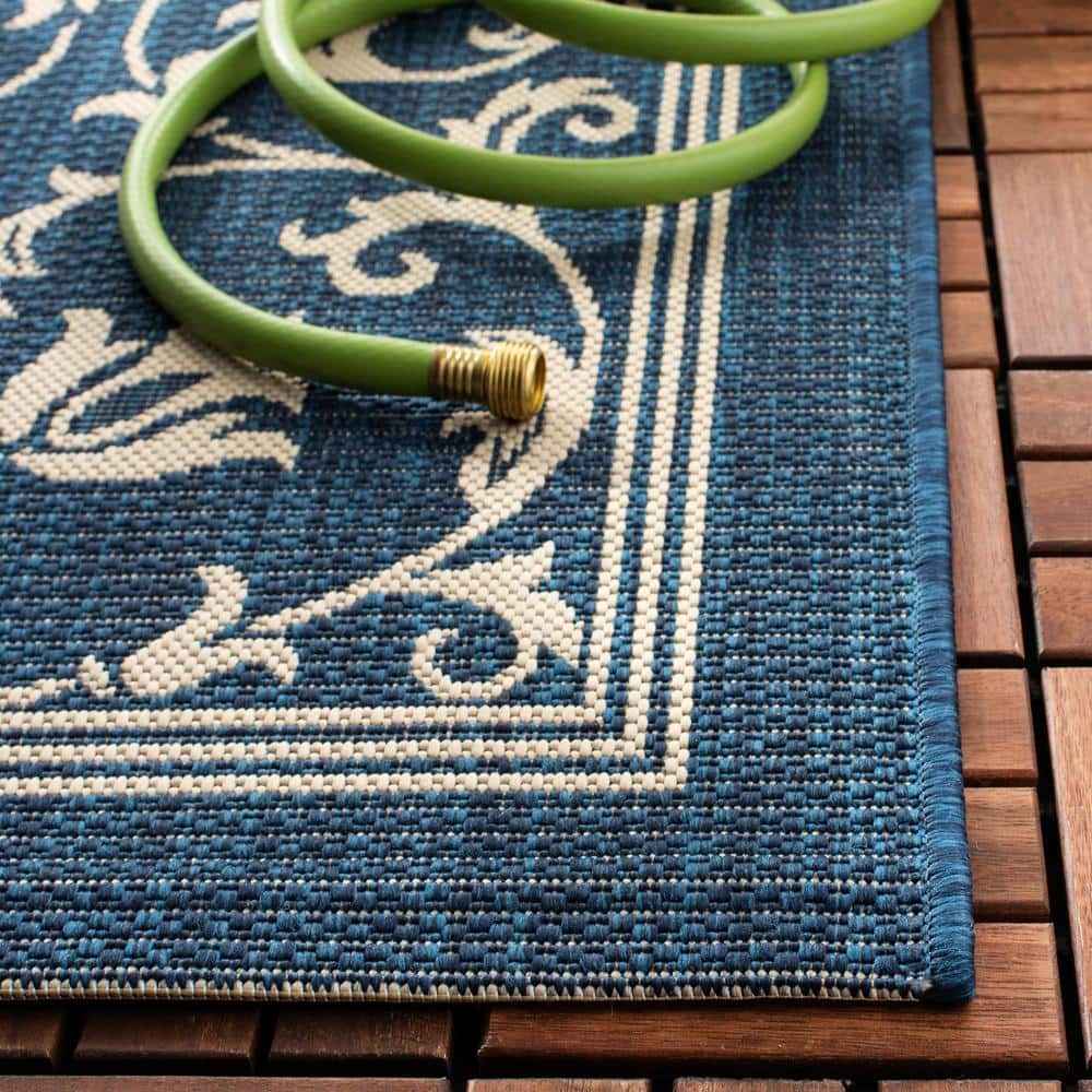 Navy and Beige Square Synthetic Indoor/Outdoor Rug