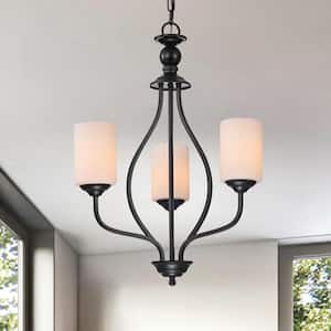 3-Light Matte Black Traditional Classic Chandelier with White Etched Glass Shades