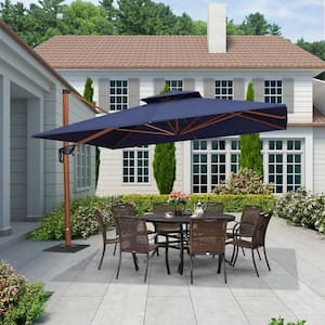11 ft. Square High-Quality Wood Pattern Aluminum Cantilever Polyester Patio Umbrella with Base Plate, Navy Blue