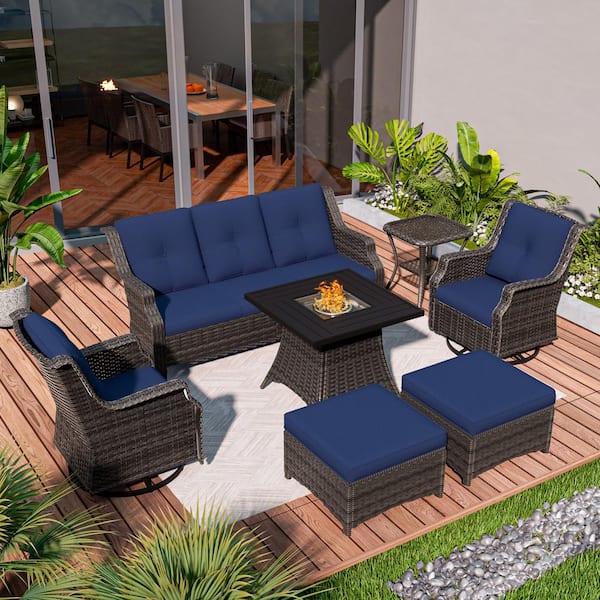 MeetLeisure 7-Piece Wicker Outdoor Patio Fire Pit Seating Sofa Set with Blue Cushions