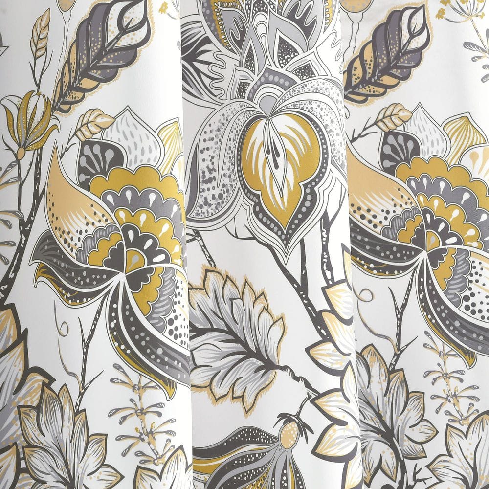 Cynthia Jacobean Yellow and Gray Floral Polyester Blackout Curtains
