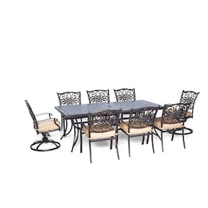 Traditions 9-Pc Aluminium Rectangular Patio Dining Set with Six Dining Chairs, Two Swivel Rockers & Natural Oat Cushions