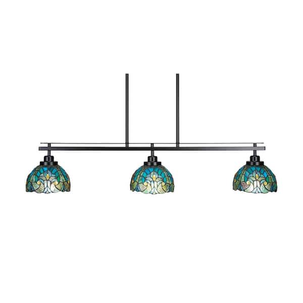 Unbranded Monroe 3-Light, Matte Black Billiard Light, Any room with 7 in. Turquoise Cypress Art Glass Shades no bulbs included