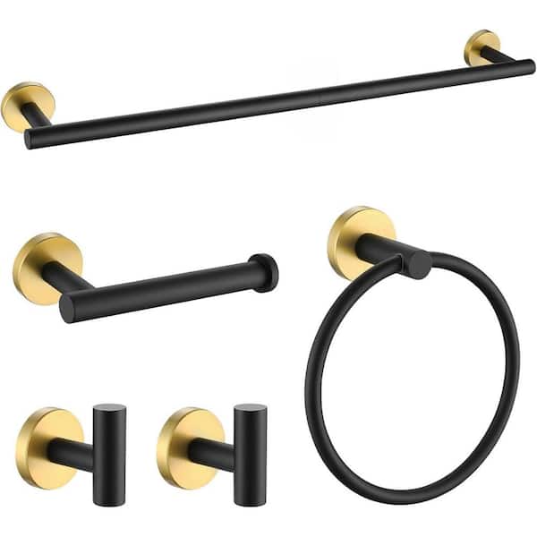 5-Piece Stainless Steel Bath Hardware Set-24 in. Towel Bar, Ring, 2 Robe Hooks and Toilet Paper Holder in Gold and Black