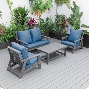 Alpine 4-Piece Poly Lumber Weather Resistant Patio Conversation Set with Navy Blue Cushions & Coffee Table