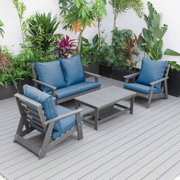 Leisuremod Alpine 4-Piece Poly Lumber Weather Resistant Patio Conversation Set with Navy Blue Cushions & Coffee Table