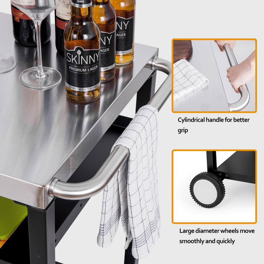 Stainless Steel and Black Triple-Shelf Outdoor Grill Cart
