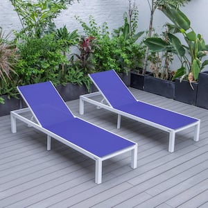 White Powder Coated Aluminum Frame Marlin Modern Patio Lounge Chair Chaise with Navy Blue (Set of 2)