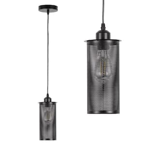 1-Light Iron Mesh Cylinder Hanging Light Retro Industrial Black Cage Pendant Light for Indoor,Restaurant,Kitchen