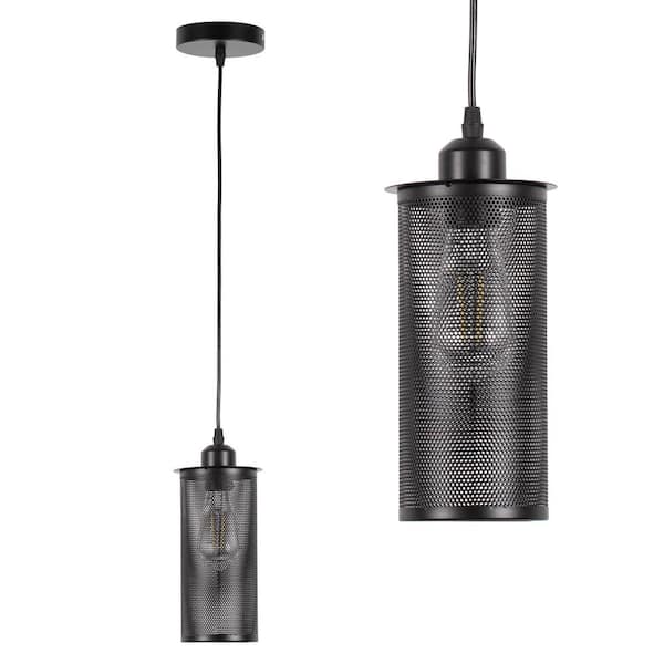 YANSUN 1-Light Iron Mesh Cylinder Hanging Light Retro Industrial Black Cage Pendant Light for Indoor,Restaurant,Kitchen