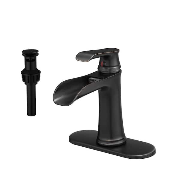 FLG Single Handle Single Hole Bathroom Faucet with Pop-Up Drain Kit Brass Waterfall Sink Vanity Taps in Oil Rubbed Bronze