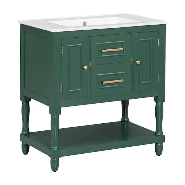 Zeus & Ruta 30 in. W x 18.3 in. D x 32.5 in. H Freestanding Bath Vanity in Green with White Ceramic Top with 2- Doors and 2-Drawers