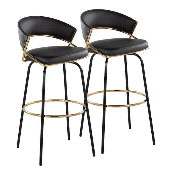 Lumisource Jie 29.5 Black Faux Leather, Black Metal, and Gold Metal Fixed-Height Barstool (Set of 2)