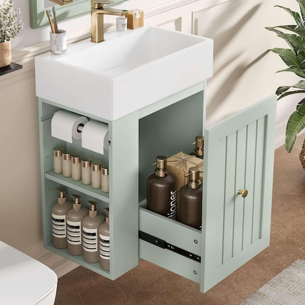 20 in. Floating Green Bath Vanity with White Ceramic Top, Drawer, Side Shelf and Golden Handle