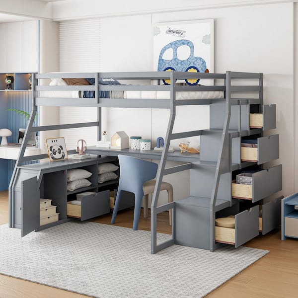 Polibi Full Size Loft Bed with 7 Drawers 2 Shelves and Desk - Gray