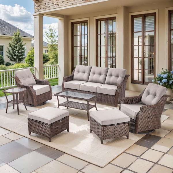 Modern Farmhouse 7-Piece Brown Wicker Patio Conversation Set with 6 In. Beige Cushions/Patio Ottoman with Swivel Chairs
