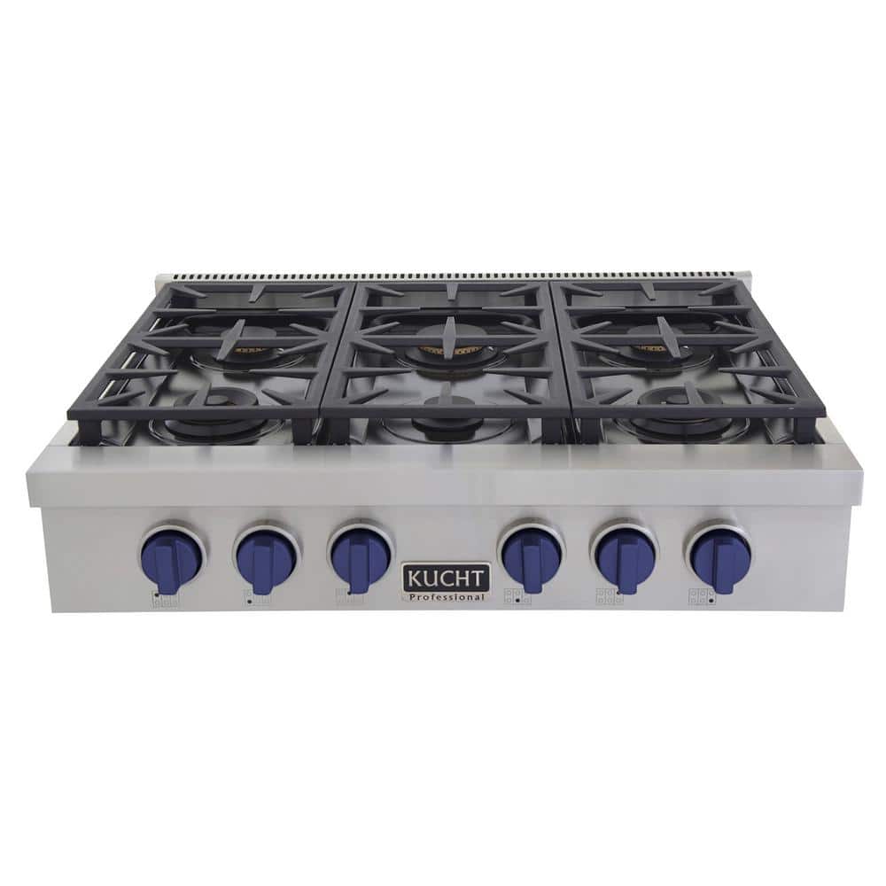 Kucht Professional 36 in. Natural Gas Range Top in Stainless Steel and Royal Blue Knobs with 6 Burners