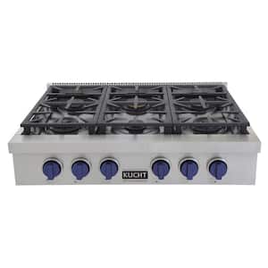 Professional 36 in. Natural Gas Range Top in Stainless Steel and Royal Blue Knobs with 6 Burners