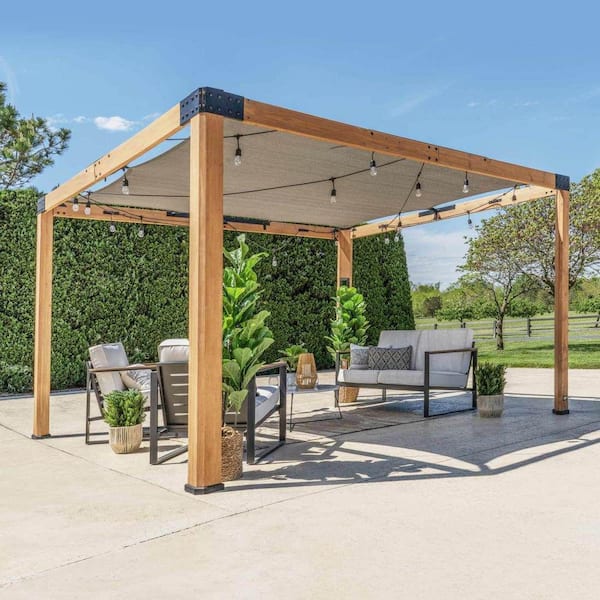 Backyard Discovery Brendan 10 ft. x 12 ft. Light Brown Cedar Wood Patio Pergola with Sun Shade Sail Screen Canopy and PowerPort