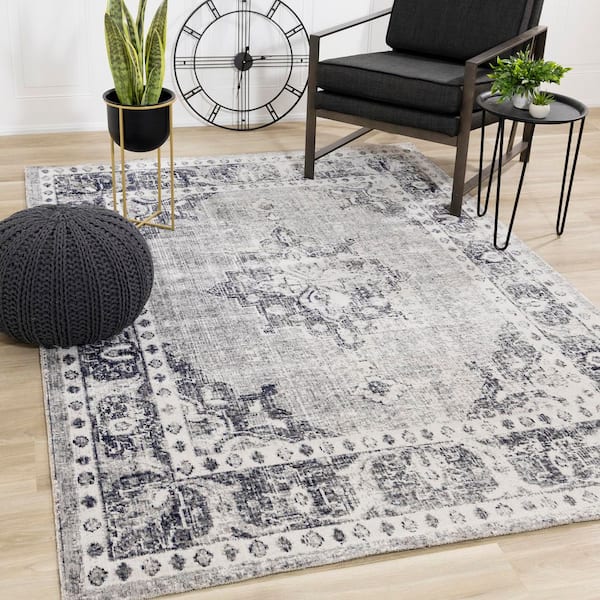 Callaya Collections 5 ft. x 8 ft. Grey Border Indoor Area Rug