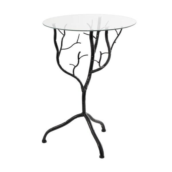 Litton Lane 16 in. Black Branch Large Round Glass End Table with Glass