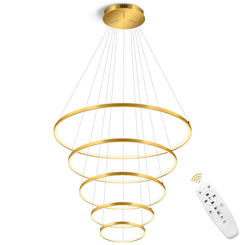 Modern 5-Rings Gold Large Chandelier, Dimmable High Ceiling Foyer Light Fix