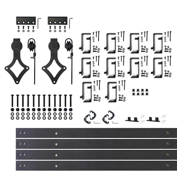 HOMACER 13 ft./156 in. Black Rustic Double Track Bypass U-Shape Sliding Barn Door Hardware Kit - Diamond Design Roller