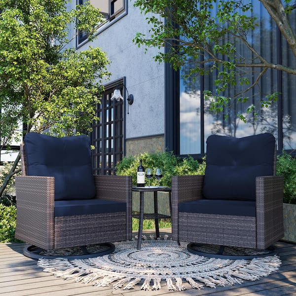 UPHA 3-Piece Brown Wicker Outdoor Rocking Chair Swivel Chair and Side Table with Navy Blue Cushions