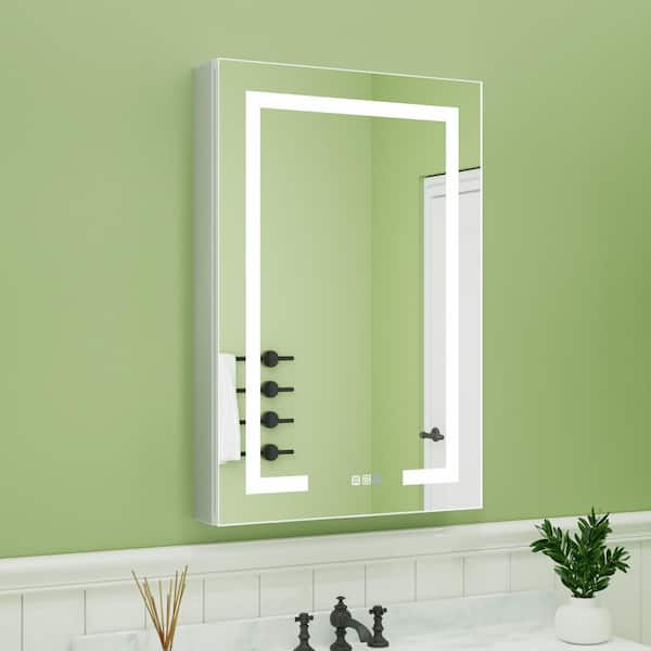 24 in. W x 36 in. H Rectangular Silver Aluminum Recessed/Surface Mount Left Medicine Cabinet with Mirror, LED and Clock