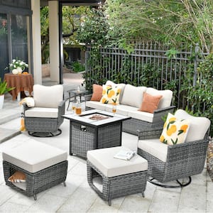 Fortune Dark Gray 7-Piece Wicker Patio Fire Pit Conversation Set with Beige Cushions and Swivel Chairs