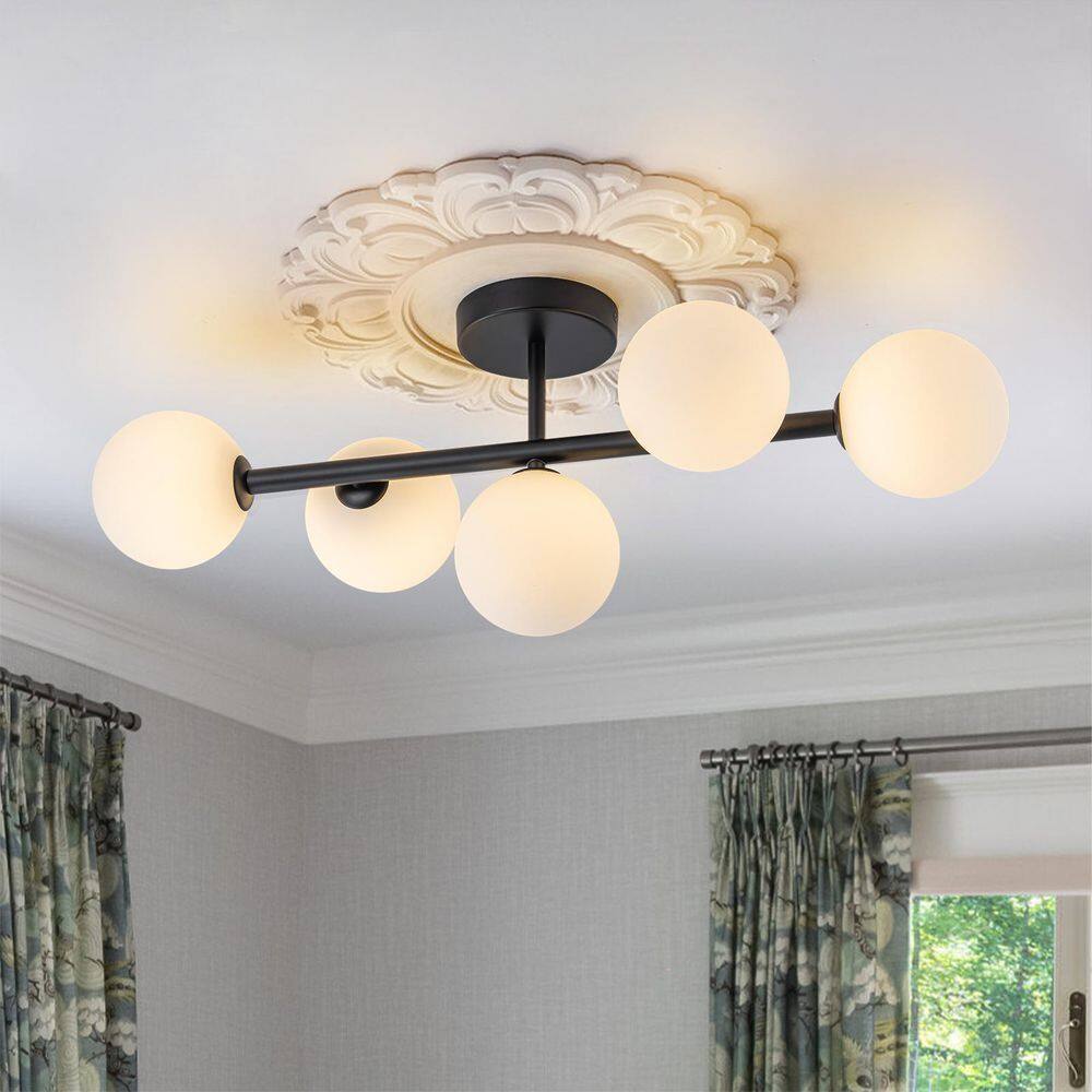 Lucie 26.38 in. 5-Light Black Modern Linear Semi-Flush Mount Ceiling Light with Globe Glass Shades price history on PriceWatchPro