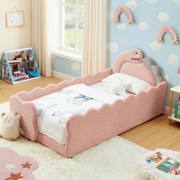 Aldmere Pink Boucle Fabric Upholstered Cute Dinosaur-Shaped Wood Frame Kids Bed Twin Platform Bed with Guardraild