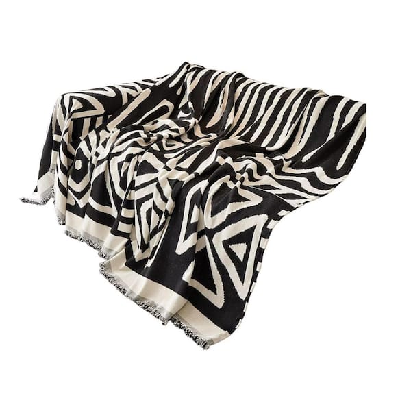 Afoxsos Black and White Boho Couch Cover Thick Chenille Slipcover with Tassel for Furnitures