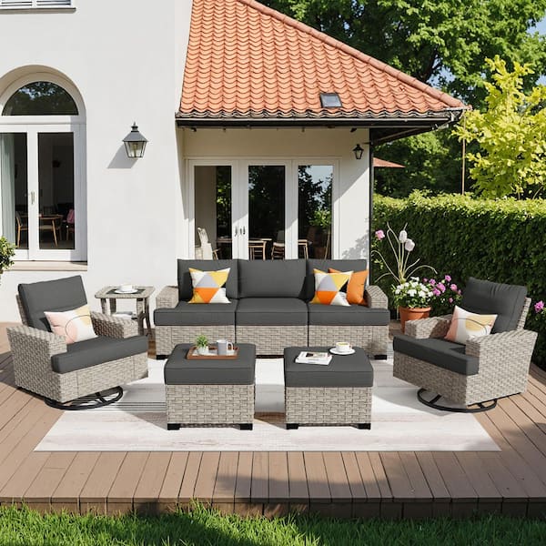 XIZZI Mettle 8-Piece Wicker Patio Conversation Seating Sofa Set with Black Cushions and Swivel Rocking Chairs