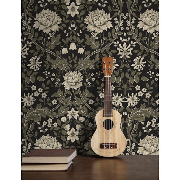 31.35 sq. ft. Ebony and Pavestone Honeysuckle Trail Vinyl Peel and Stick Wallpaper Roll