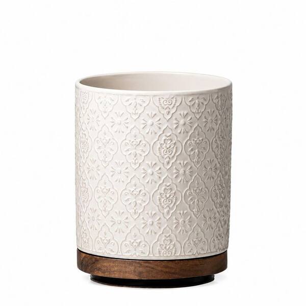 Off-White Ceramic 360° Rotating Extra Large Utensil Holder with Embossed Flower Pattern