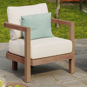 Brown Wash Acacia Wood Outdoor Bench Patio Club Chair, Patio Furniture with Beige Cushion