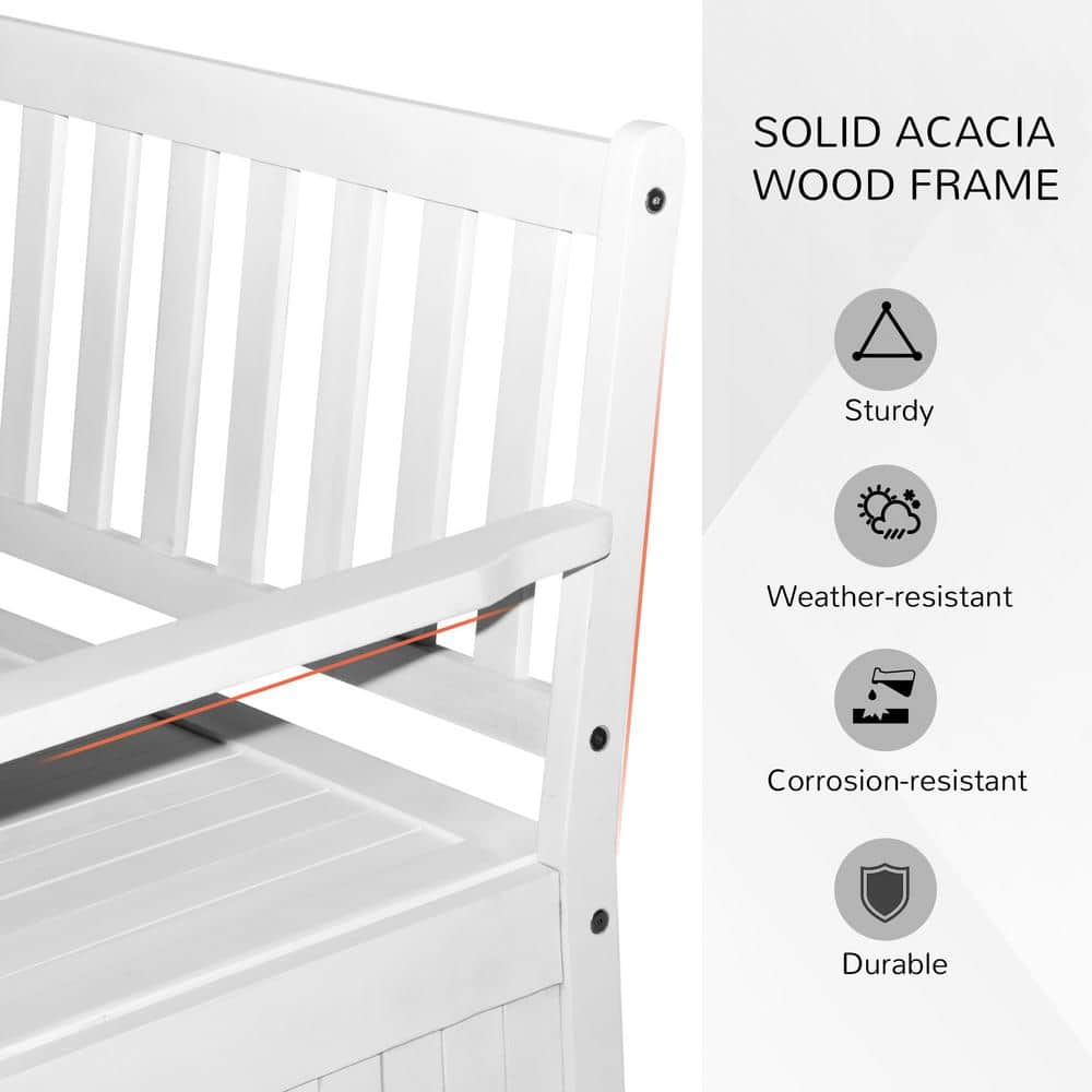 White Acacia Wood Outdoor Storage Bench with Waterproof Lining