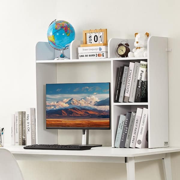 Desktop Bookshelf, 2-Tier Desktop Storage Organizer, 37.2 x 9.5 x 28.9 in. Office Storage Rack Wood Display Shelf White